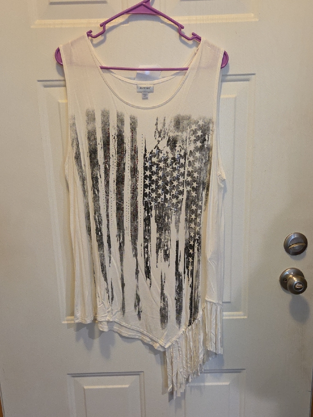 Avenue White Tank Top with Distressed Black Flag Print and Fringe Hem